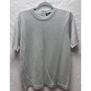 Rochelle Size Small Silver Metallic Knit Short Sleeve Top Back Zipper Womens